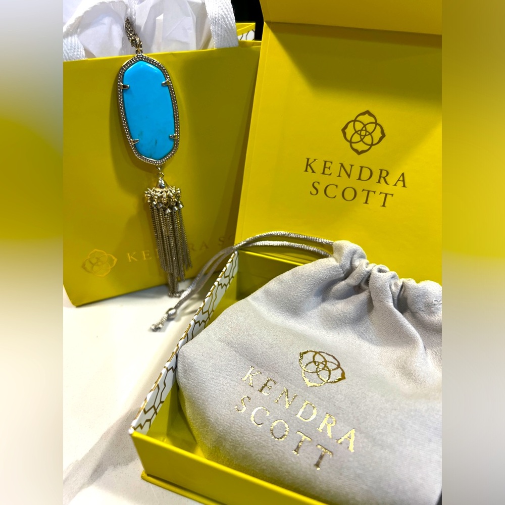 Kendra Scott Aquamarine Turquoise Gold Rayne Tassle Necklace with Dust bag & Box